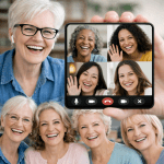 Four women on a video call screen smiling and waving, with two women smiling nearby